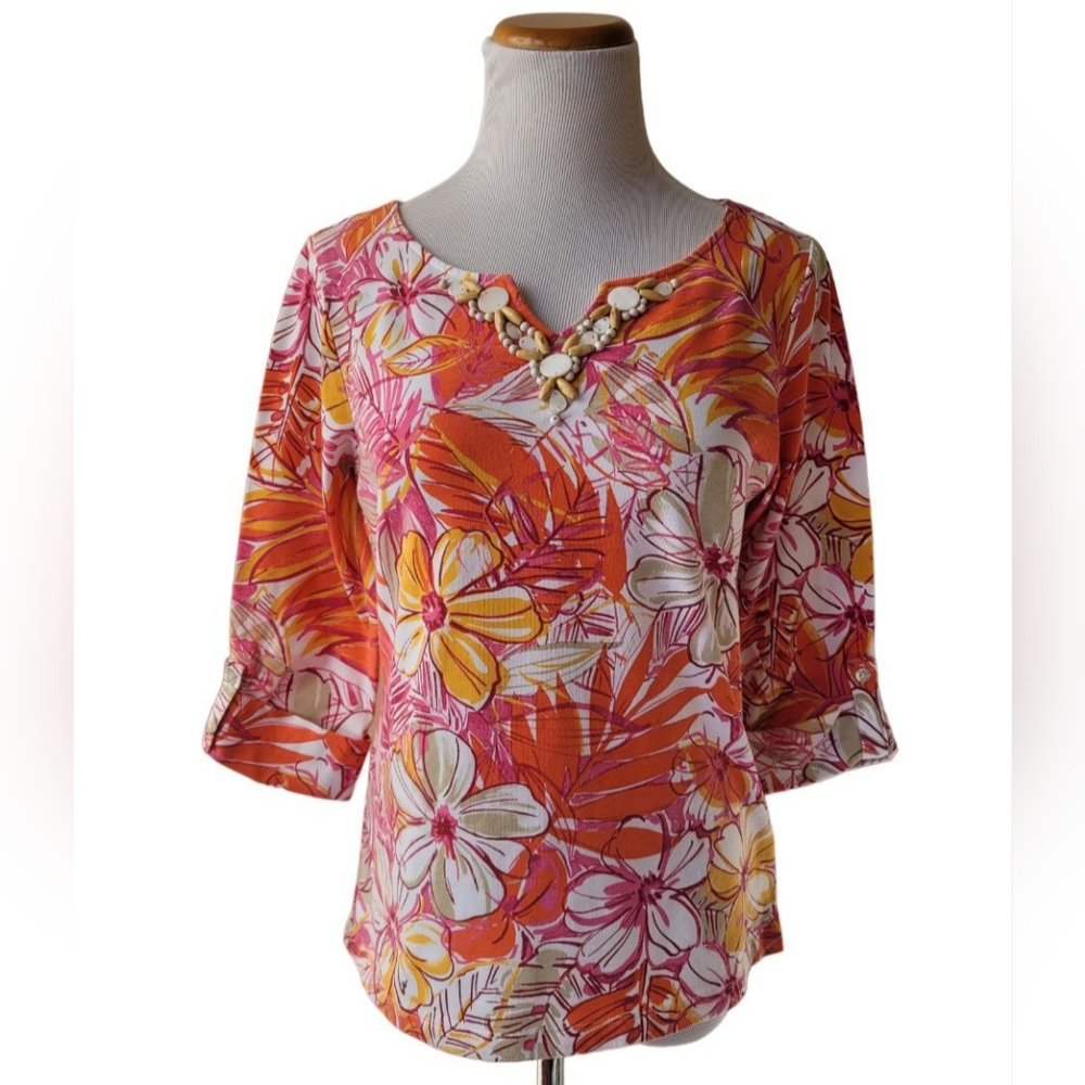 Ruby Rd. Small Colorful Floral Beaded Notch Neck 3/4 Sleeve Top Blouse